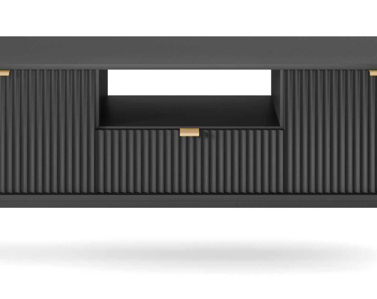 TV-SCHRANK NOVA Geriffelt Regal, 2 Türen, Schublade, Schwarze Beine, 154x39x56cm, Schwarz - Schwarz, Holzwerkstoff/Kunststoff (154/56/39cm) - DomoHome