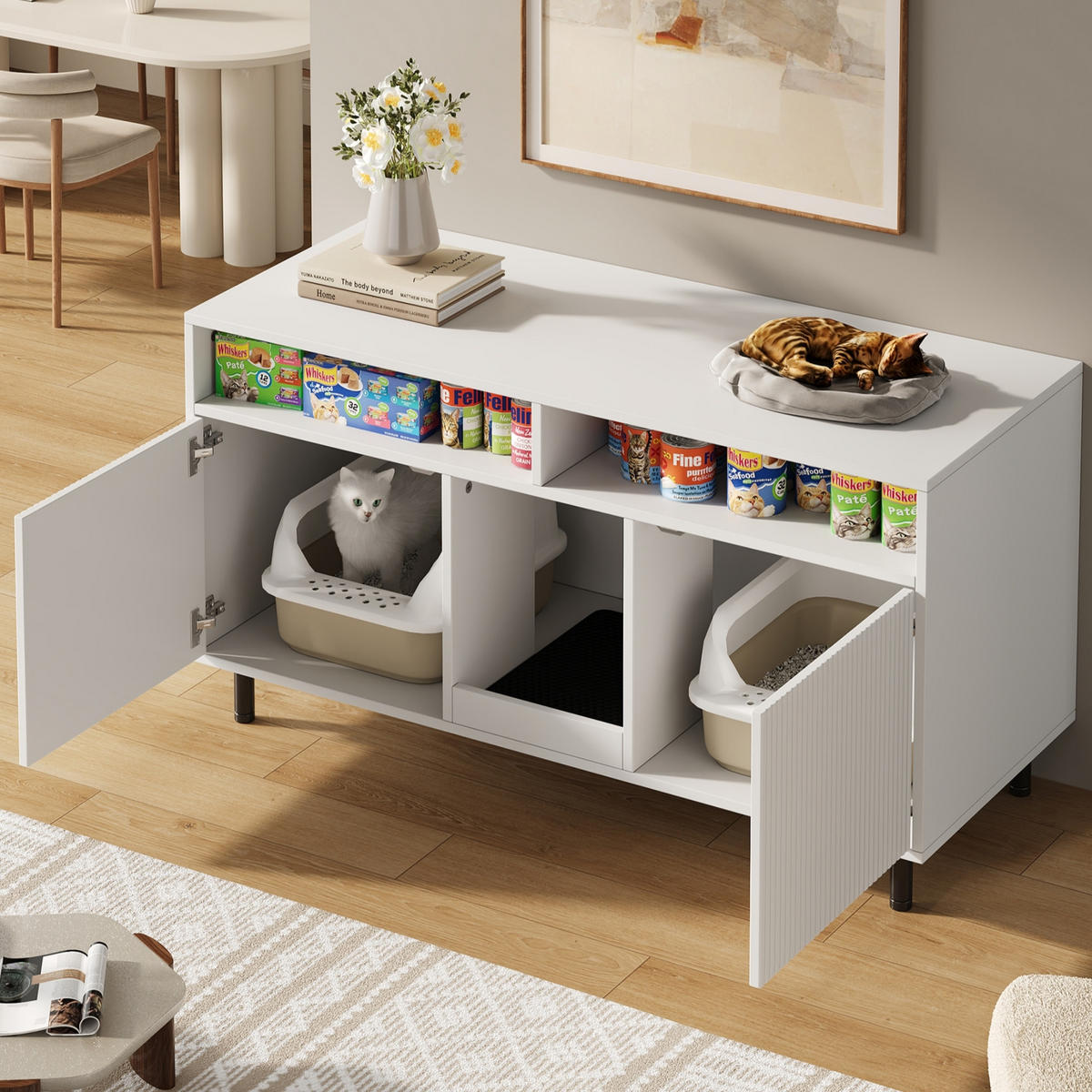 SIDEBOARD in Weiß Katzentoiletten-Schrank mit Sandauffangmatte und Lagerbereich für Wohnzimmer, B120/T50/H66cm - Walnussfarben/Weiß, Holzwerkstoff/Metall (120/66/50cm) - STILVORA