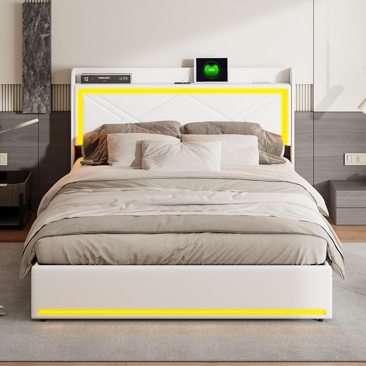POLSTERBETT 140x200 cm, Weiß, mit LED & USB - Weiß, Textil/Metall (140/200cm)