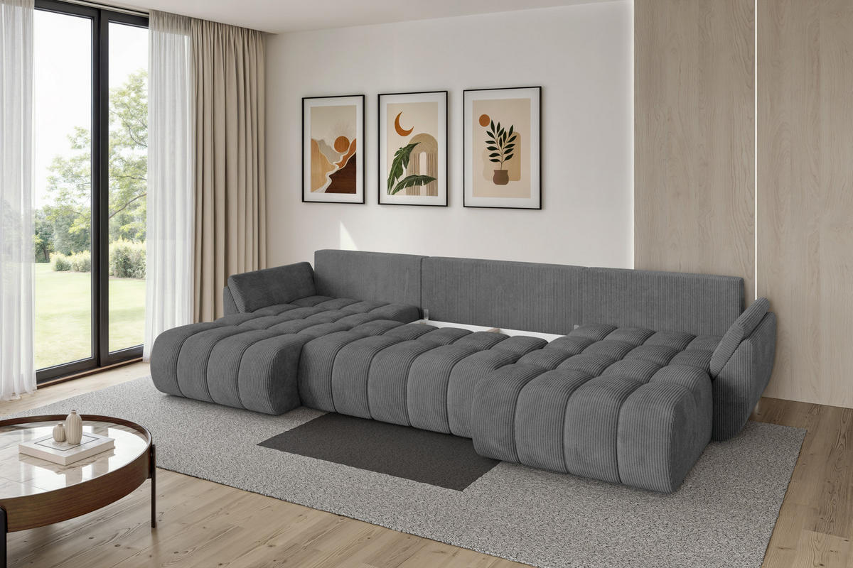 SEDACÍ SOUPRAVA DO U s funkcí spaní a úložným prostorem TOKO-U-v1 378x194x86 tmavě šedá manšestr - černá/tmavě šedá, kompozitní dřevo/textil (378/86/194cm) - ALTDECOR