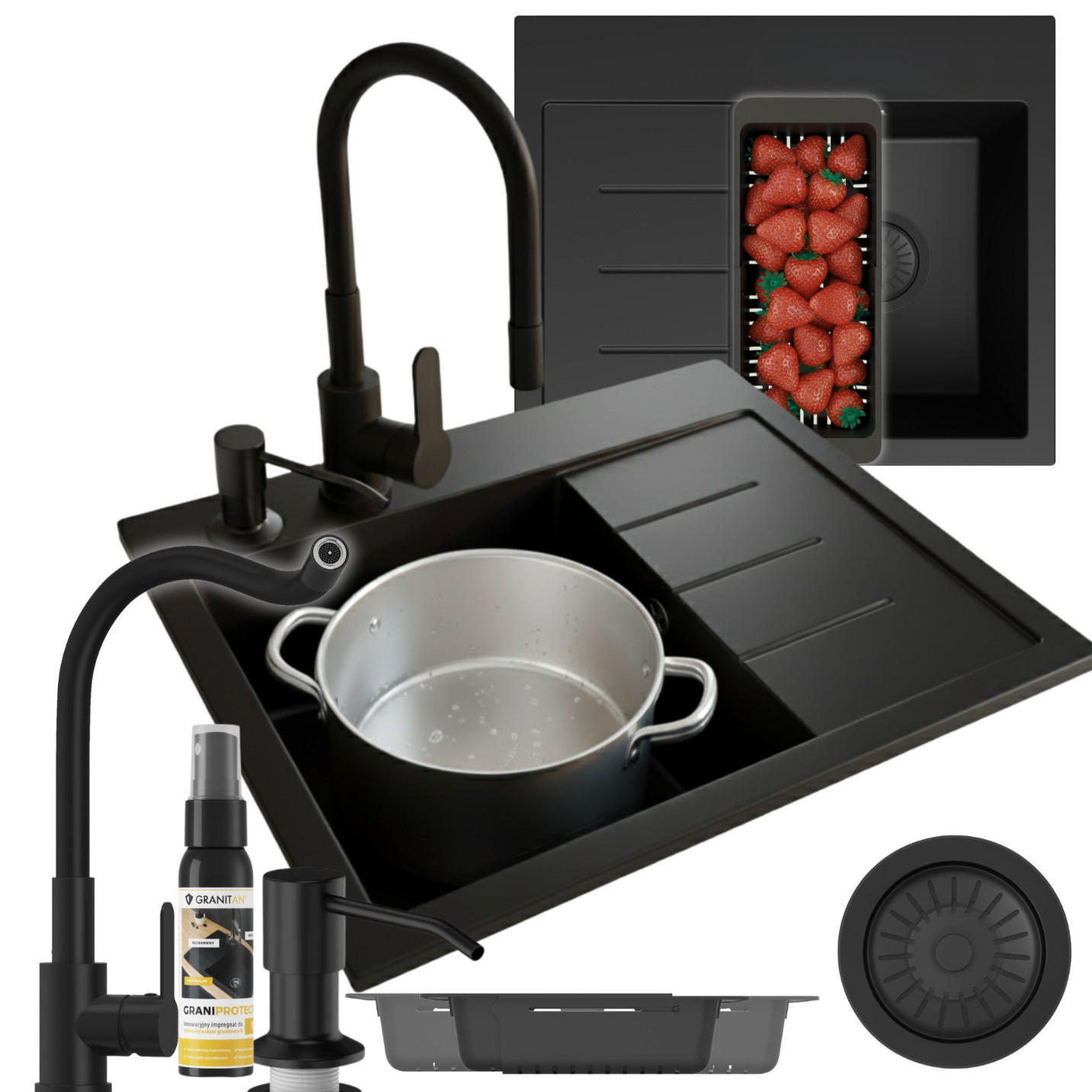 SPÜLBECKEN Amber Schwarz 5-tlg. 60/50 cm mit Abtropffläche - Schwarz, Stein (50/29/50cm) - Granitan