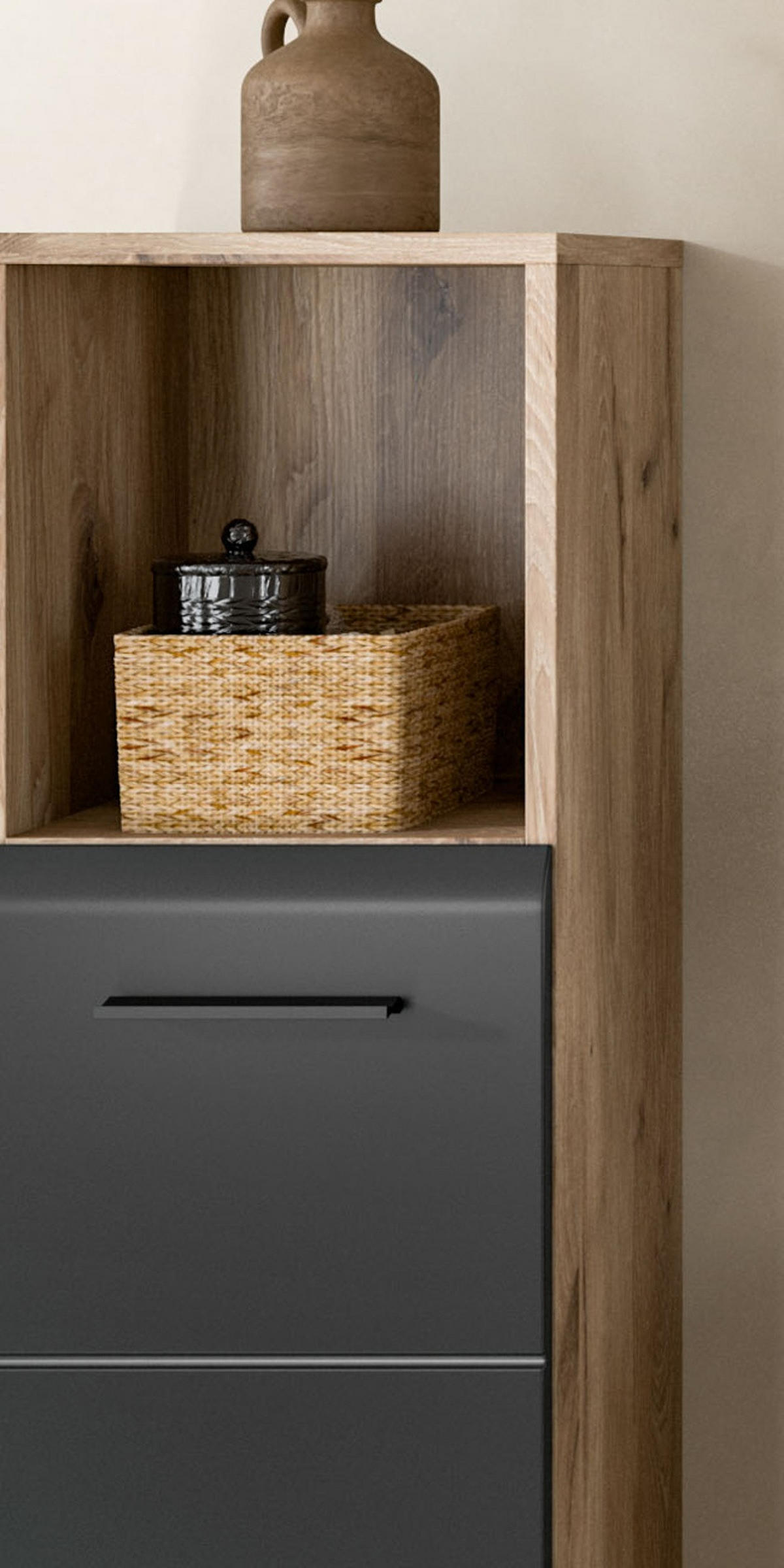 BADMÖBEL-SET Schwarz matt, Eiche Nox, Badezimmer 4-teilig 150 x 185 cm mit viel Stauraum - Eichefarben/Schwarz, Glas/Holzwerkstoff (150/185/30cm) - Inn.Furn