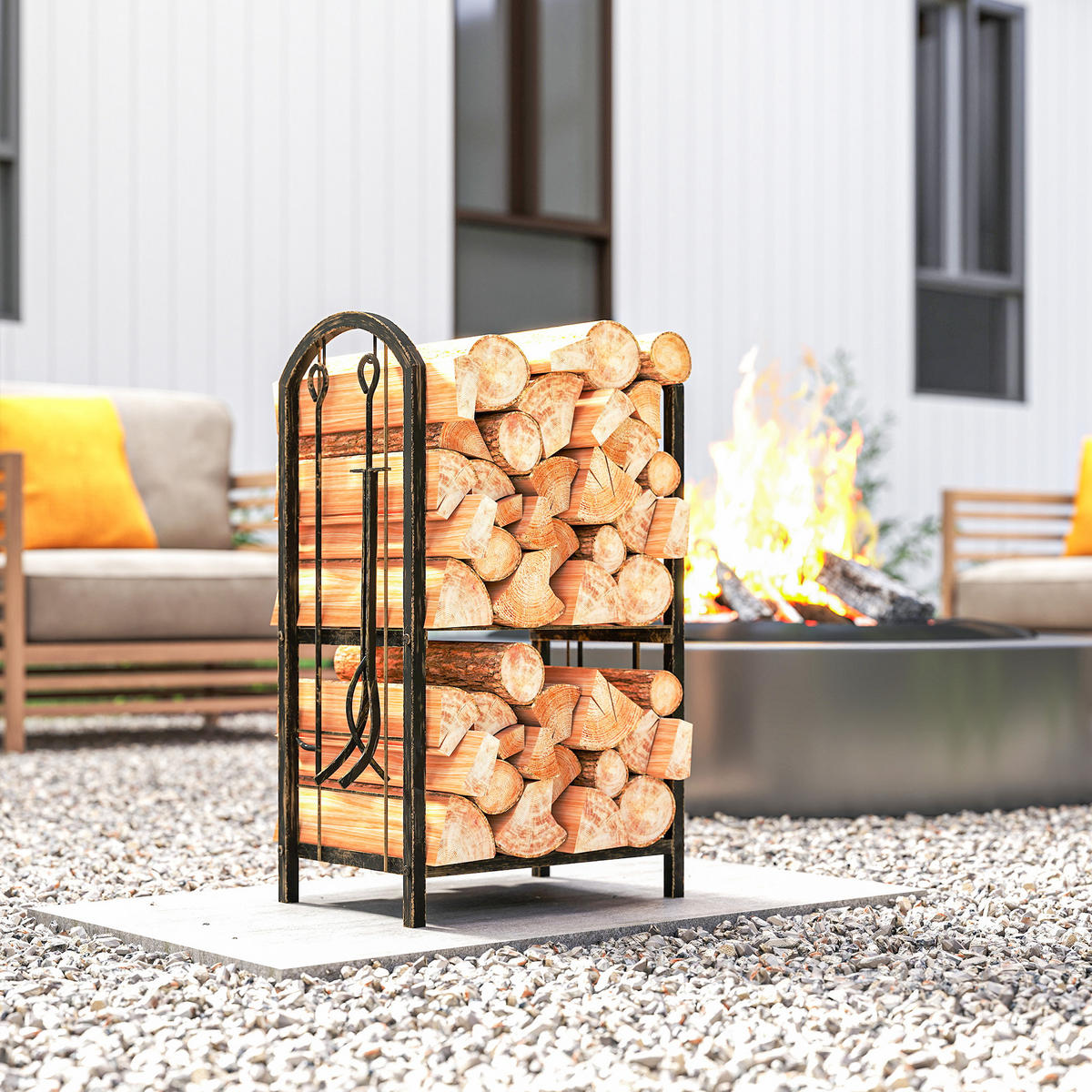 KAMINHOLZREGAL für innen 43 x 30 x 74cm 2 Ebenen Brennholzregal mit 4 Haken - Dunkelbraun, Metall (30/74/43cm) - Outsunny