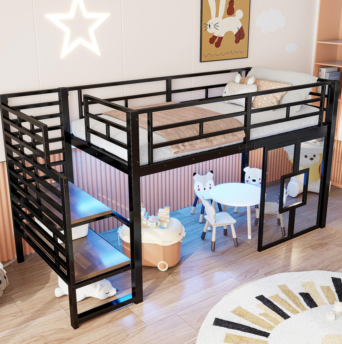 HOCHBETT 90/200 cm aus Metall und MDF mit Stauraumtreppe und LED-Beleuchtung Schwarz - Schwarz, Metall (90/200cm) - Modenvie