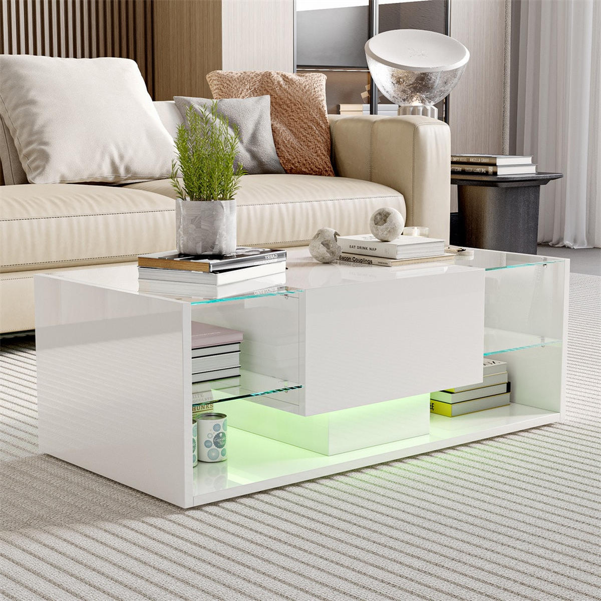 COUCHTISCH mit RGB-LED-Beleuchtung und Glasablagen - Hochglanz - Wohnzimmertisch rechteckig - Weiß - Weiß, Holzwerkstoff (100/50/35cm) - DELFA