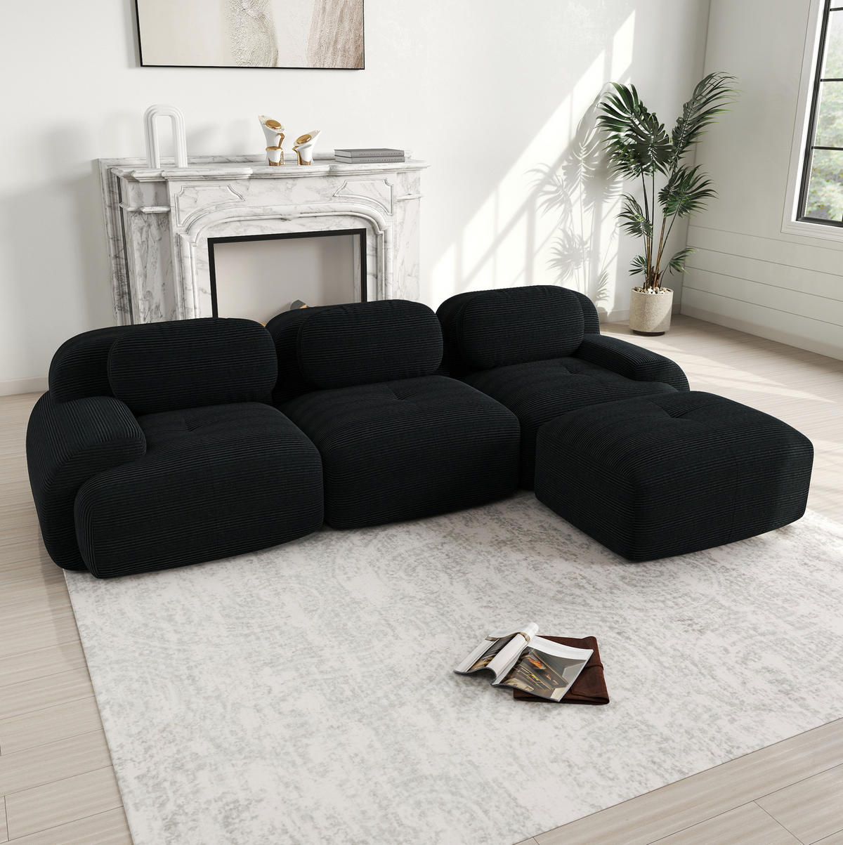 ECKSOFA 298/178/75 cm schwarz aus Cordstoff rahmenlos und montagefrei - Schwarz, Textil (178/298cm) - OKWISH