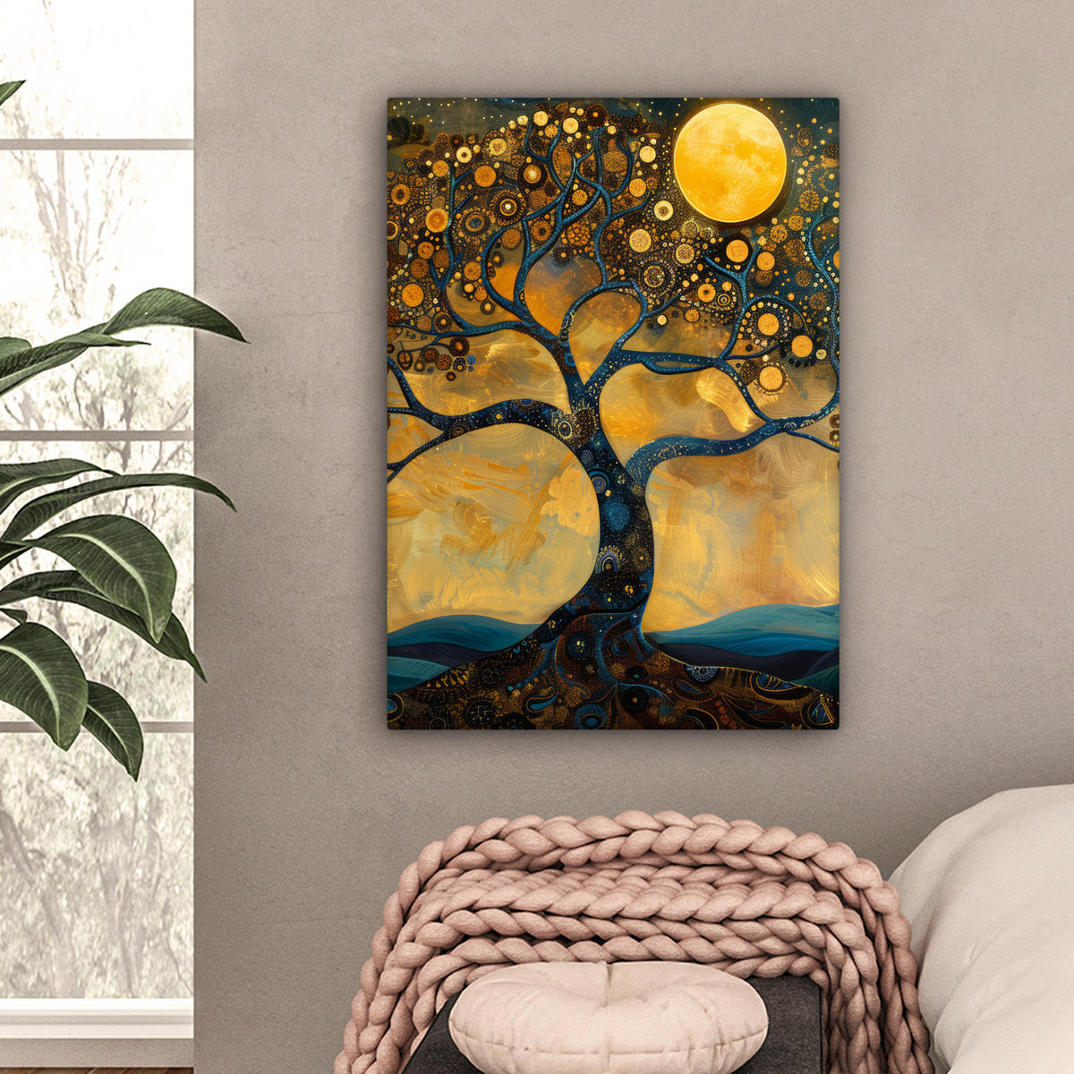 LEINWANDBILD Baum - Mond - Blumen - Gold - Kunst Wandbild Wohnzimmer 60x80 cm - Orange, Textil (60/80cm) - MuchoWow