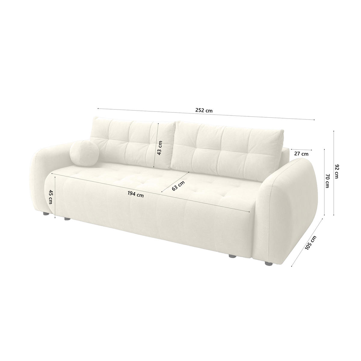 SOFA ARNIS mit Schlaffunktion, Cremeweiß - Creme, Textil (252/70/105cm) - Fedve