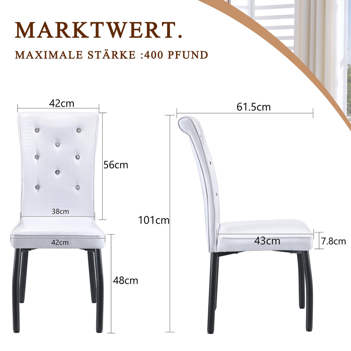 STUHL-SET DE-36773 2 Stück mit Krokodil-Prägung und Kristallknopf-Details Weiß - Weiß, Metall (42/101/61.5cm) - ComfortXL