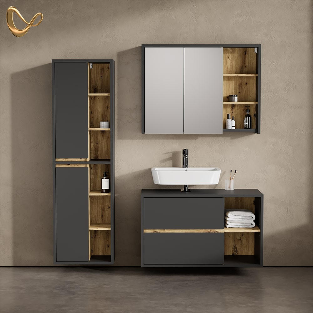 BADSCHRANK Vomano Anthrazit 50 x 170 cm mit Türen, und offenen Fächern - Anthrazit/Eiche Artisan, Holzwerkstoff (50/170/33cm) - Livinity®