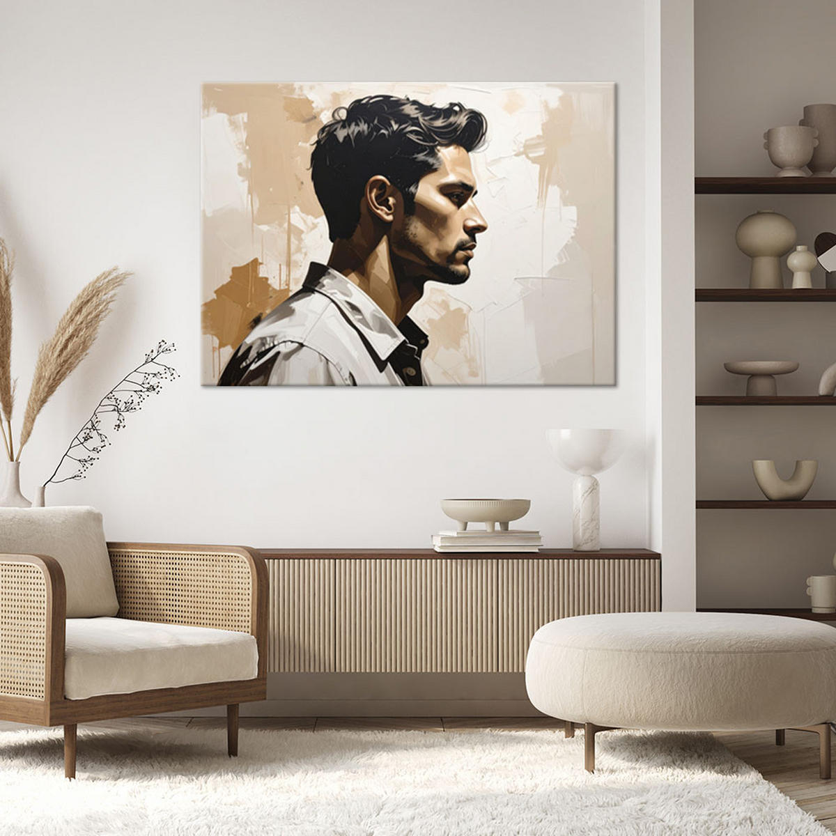 BILD auf Leinwand, Männliches Porträt in einer eleganten beige-grauen Komposition - Beige, Textil (60/40cm) - Feeby