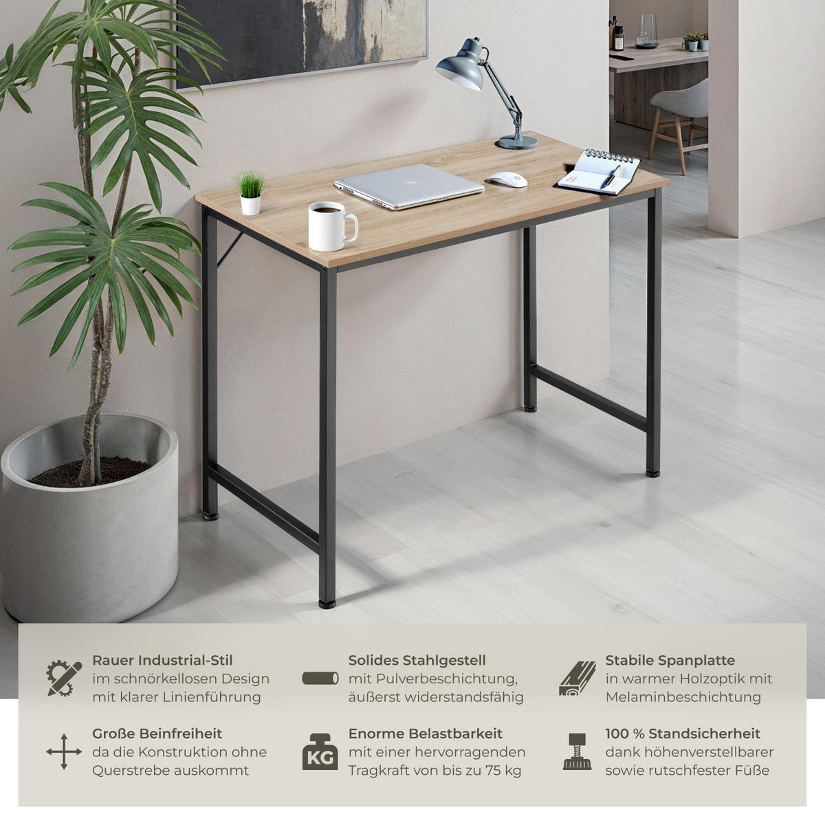 SCHREIBTISCH Jenkins, Höhe 75, 5 cm, Industrial Holz hell, Eiche Sonoma - Naturfarben, Holzwerkstoff (60/140/75.5cm) - tectake