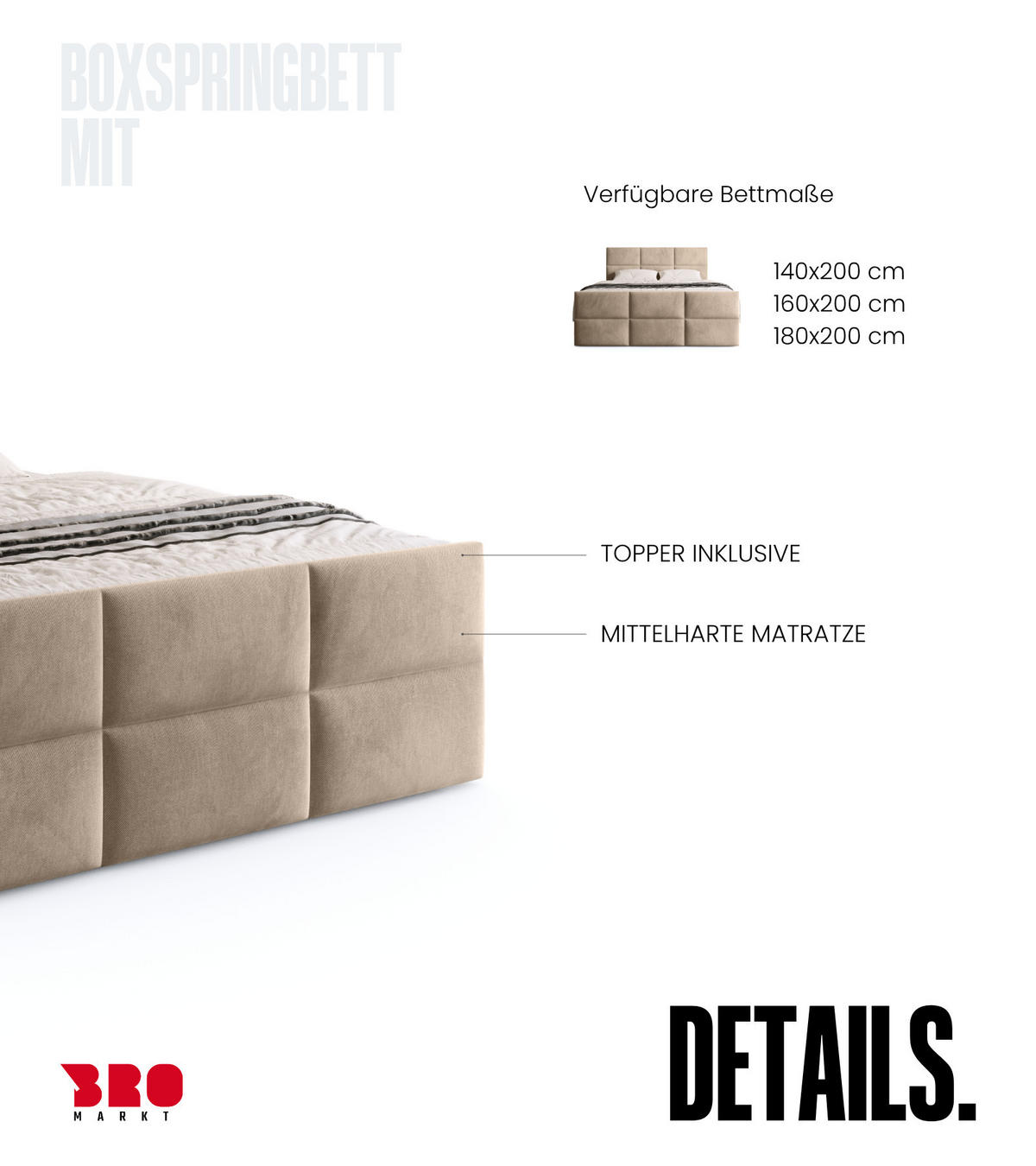 BOXSPRINGBETT Boston Duo Mit Bettkasten, Topper und Matratze Creme Paros 02 140x200 cm - Creme/Schwarz, Textil (140/200cm) - Bromarkt