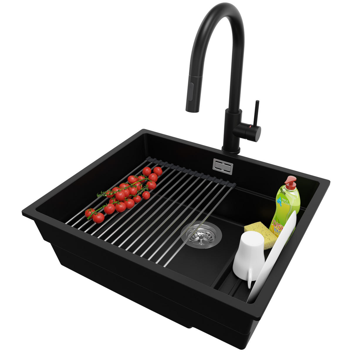 GRANITSPÜLE Praga Slim, 2-er set Schwarz 56/47 cm 1 Becken + Küchenarmatur 40/20 cm + Ablauf-Set + Aufrollbare Abtropffläche ab 60er Unterschrank - Chromfarben/Schwarz, Kunststoff (56/20/47cm) - Primagran