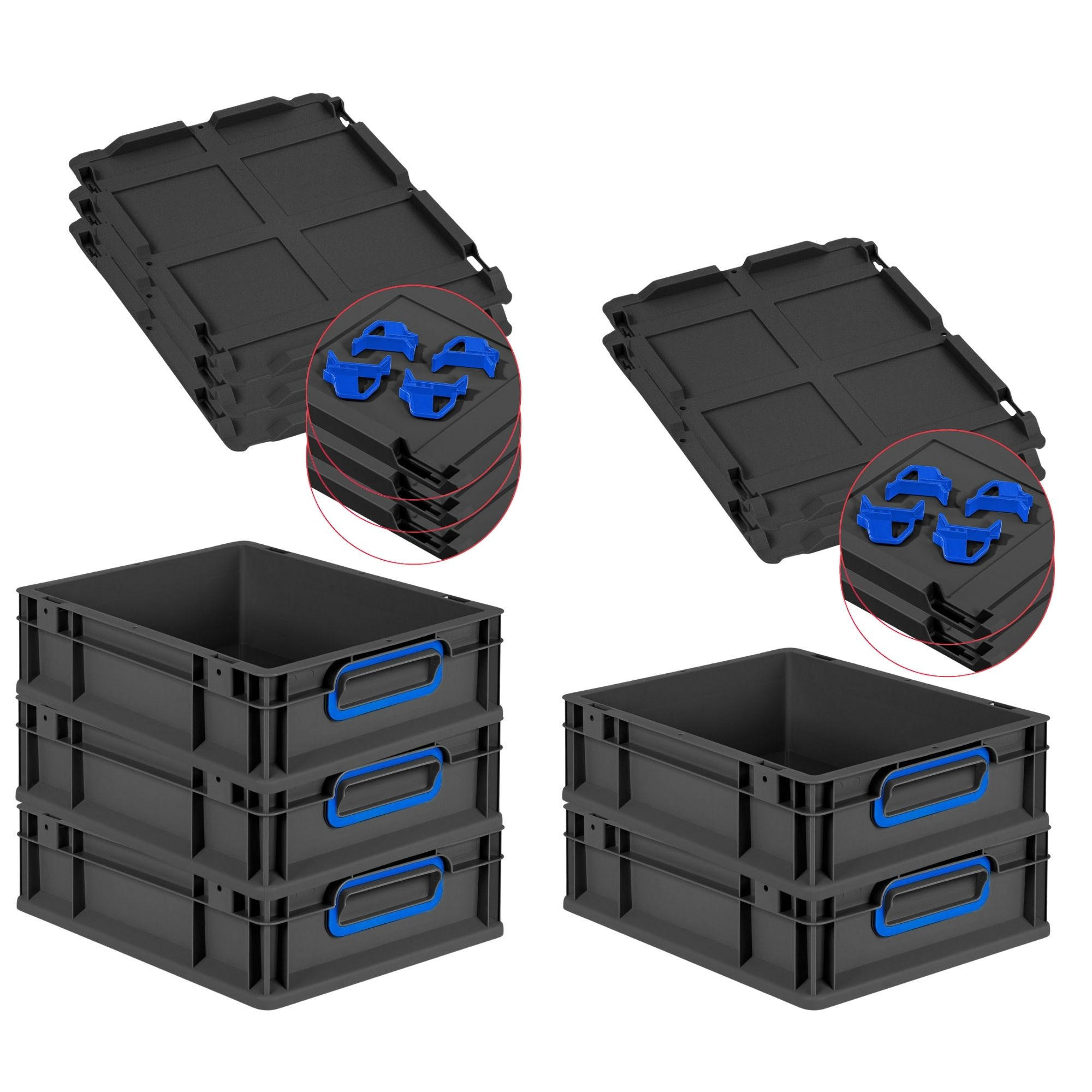 EUROBOX 5x NextGen Color mit Auflagedeckel 12x30x40 cm 11 Liter Schwarz Griffe blau zu - Blau/Schwarz, Kunststoff (30/12/40cm) - PROREGAL