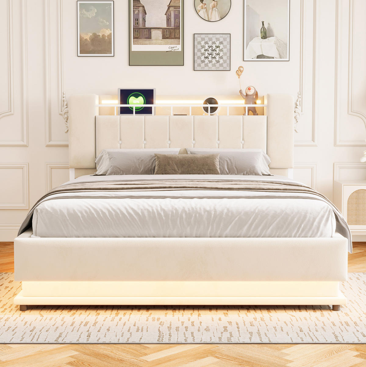 POLSTERBETT aus Samt und Metall 160x200 cm Beige mit LED, USB-Anschlüssen und hydraulischem Stauraum - Beige, Textil (160/200cm) - Modfu