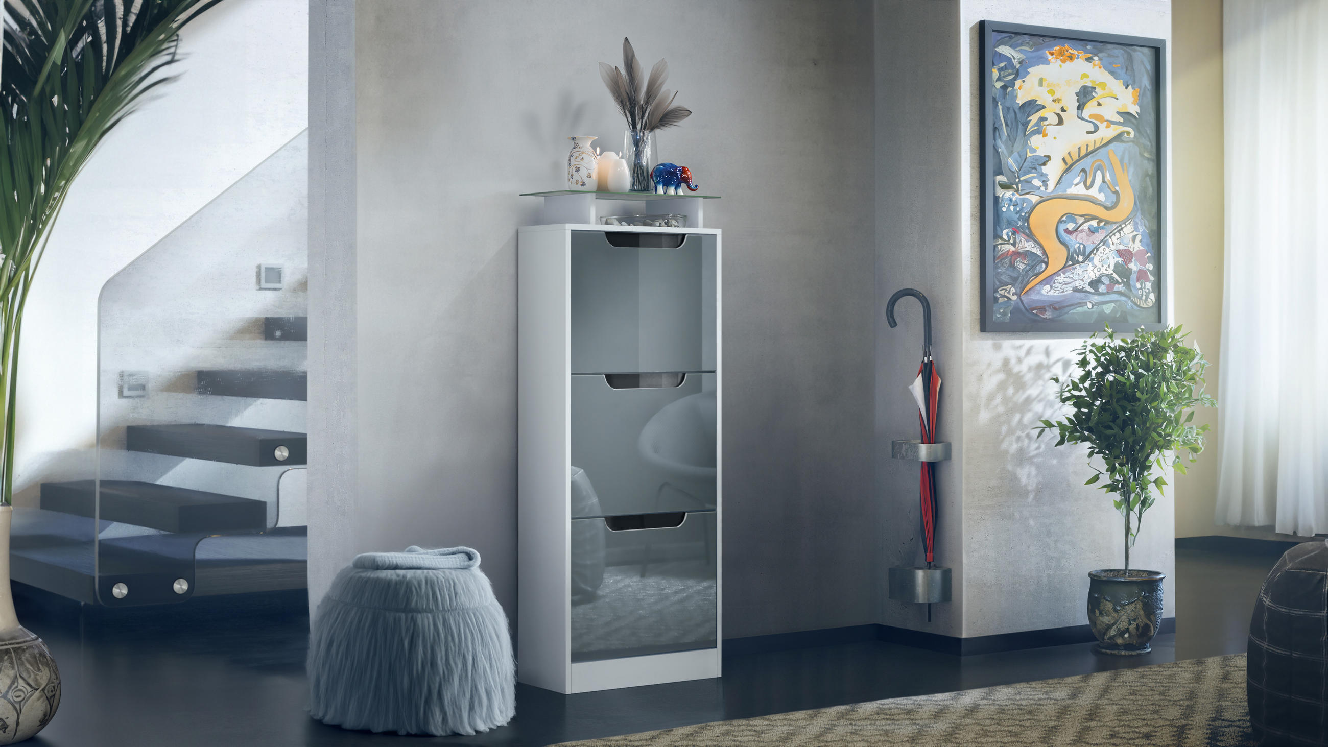 SCHUHSCHRANK Space Grau Hochglanz - Grau, Holzwerkstoff (46/128/23cm) - Vladon