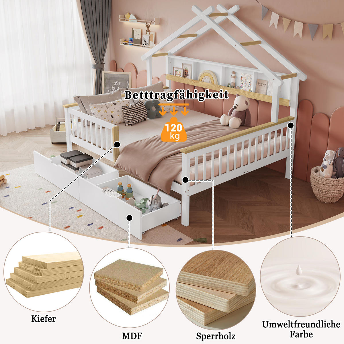 KINDERBETT 140/200 cm Weiß/Natur mit Dach, Fallschutz und 2 Schubladen - Weiß, Holz (140/200cm) - MIVRAY