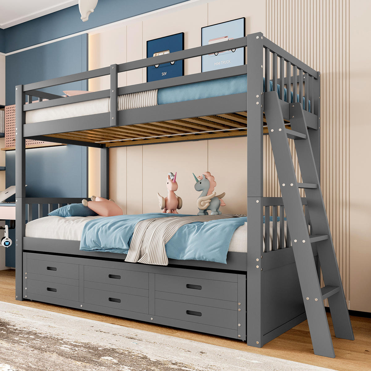 ETAGENBETT 90/200 cm mit Ausziehbett, 3 Schubladen und Leiter aus Kiefernholz und MDF, Grau - Grau, Holzwerkstoff (90/200cm) - Redom