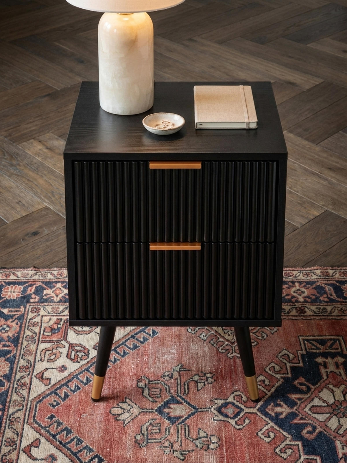 NACHTTISCH – Schwarz/Eiche-Dekor, 43,5x39x56 cm, mit Schubladen, modern - Goldfarben/Schwarz, Holzwerkstoff/Metall (44/56/39cm) - KADIMA DESIGN