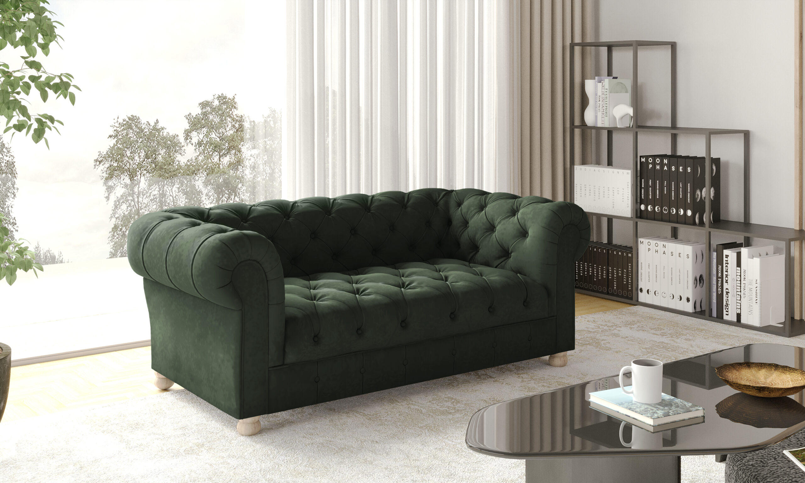 SOFA 2-Sitzer CHESTERFIELD Elegant Klassisch Schick Stoff Whisper Velours Grün - Grün, Holz/Textil (152/77/90cm) - Kaiser Möbel