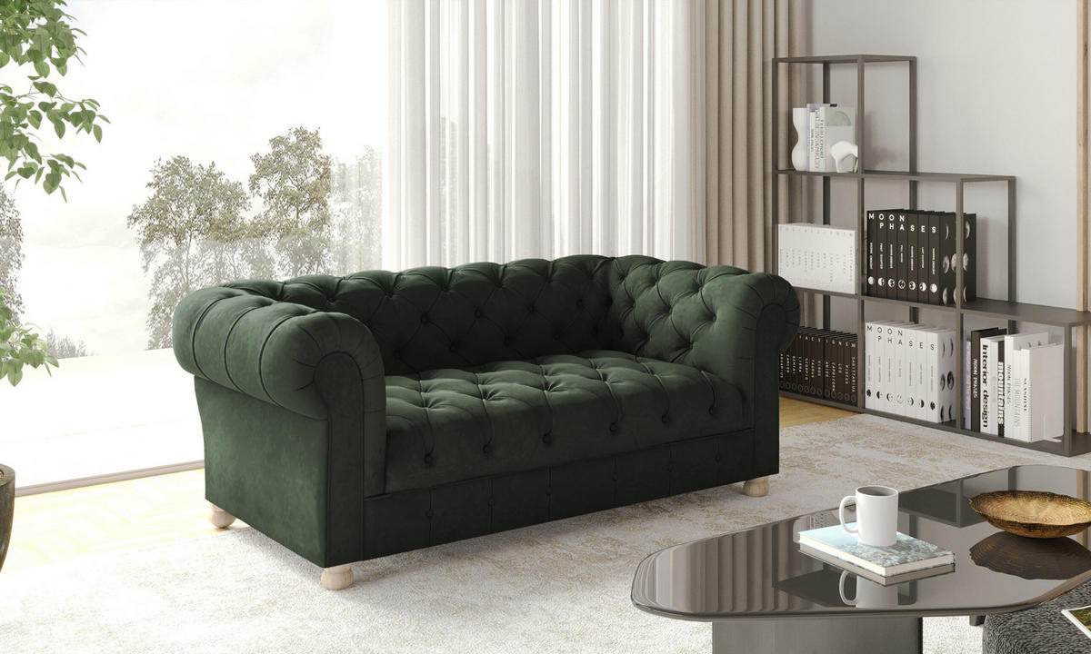 SOFA 2-Sitzer CHESTERFIELD Elegant Klassisch Schick Stoff Whisper Velours Grün - Grün, Holz/Textil (152/77/90cm) - Kaiser Möbel