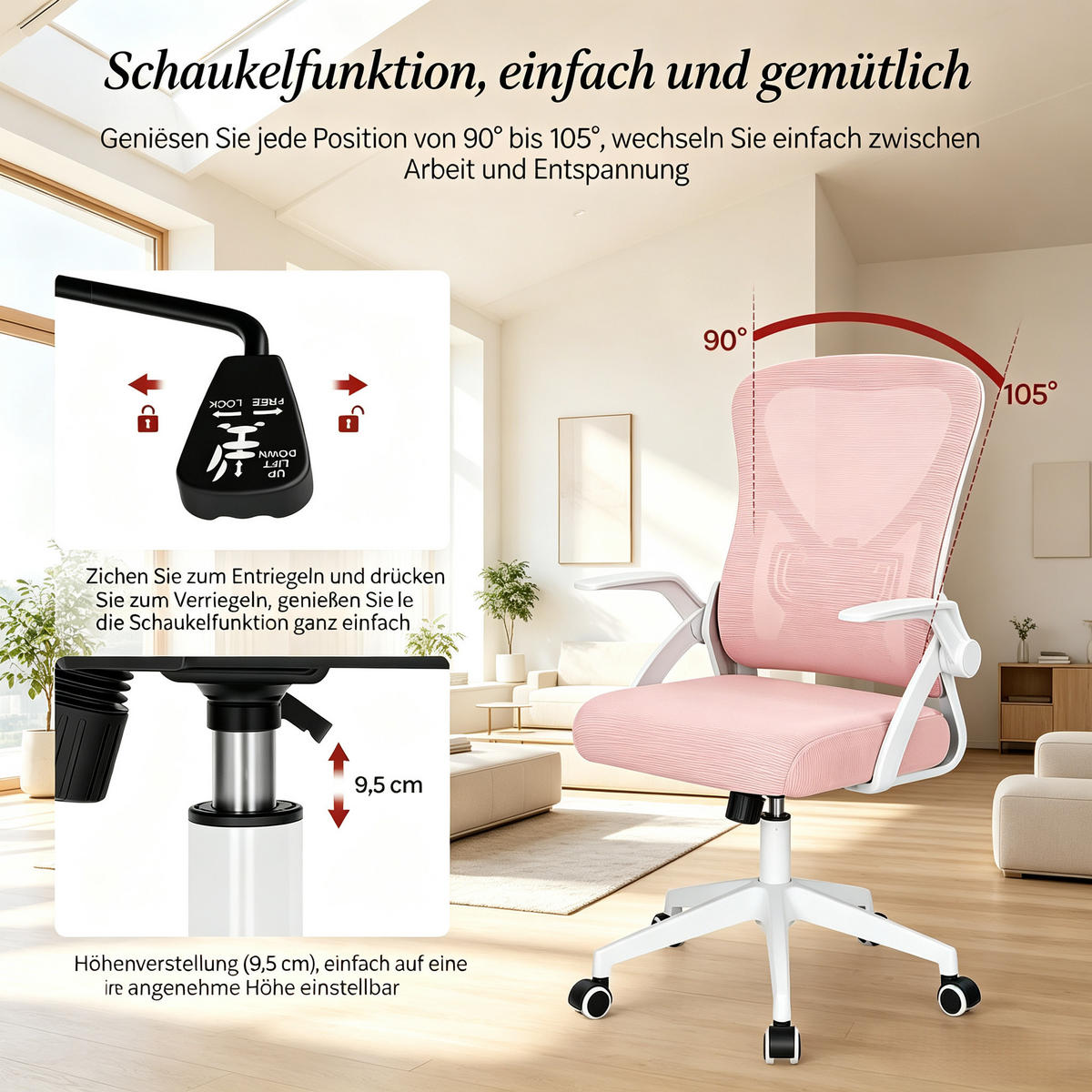 DREHSTUHL höhenverstellbar mit Armlehnen - Rosa, Leder (47/112/42cm) - Gisaae