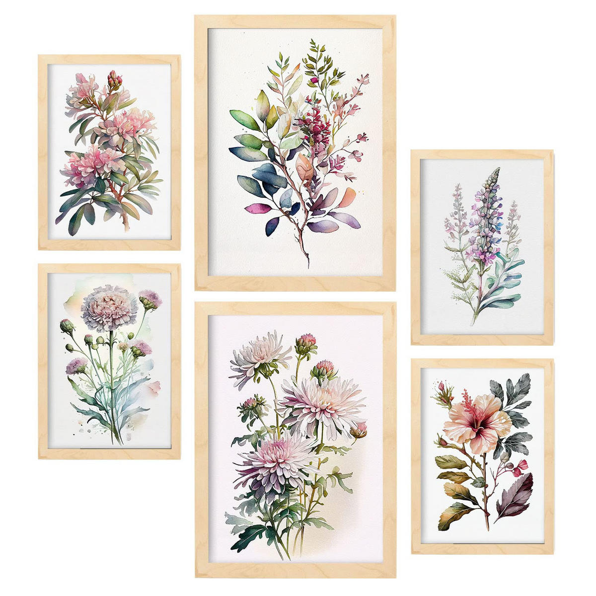 POSTER Set Mit 6 Feldblume Größe A3 & A4 Rahmen aus hellem Holz - Beige, Papier (29.7/1cm) - Nacnic