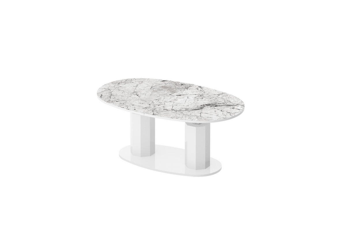 COUCHTISCH Marmor Natur Weiß Hochglanz oval ausziehbar höhenverstellbar - Weiß Hochglanz/Weiß, Holzwerkstoff (80/130/54cm) - designimpex