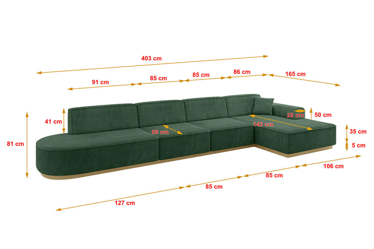 ECKSOFA Ottomane Rechts IREA-L3-v2 - 403x165x81 cm Grün - Grün, Holzwerkstoff/Textil (403/165cm) - ALTDECOR