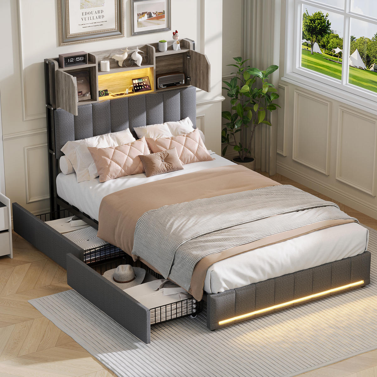 POLSTERBETT 90x200 cm Grau LED USB 2 Schubladen Kopfteil - Schwarz, Holz (90/200cm) - SHOPENTRA