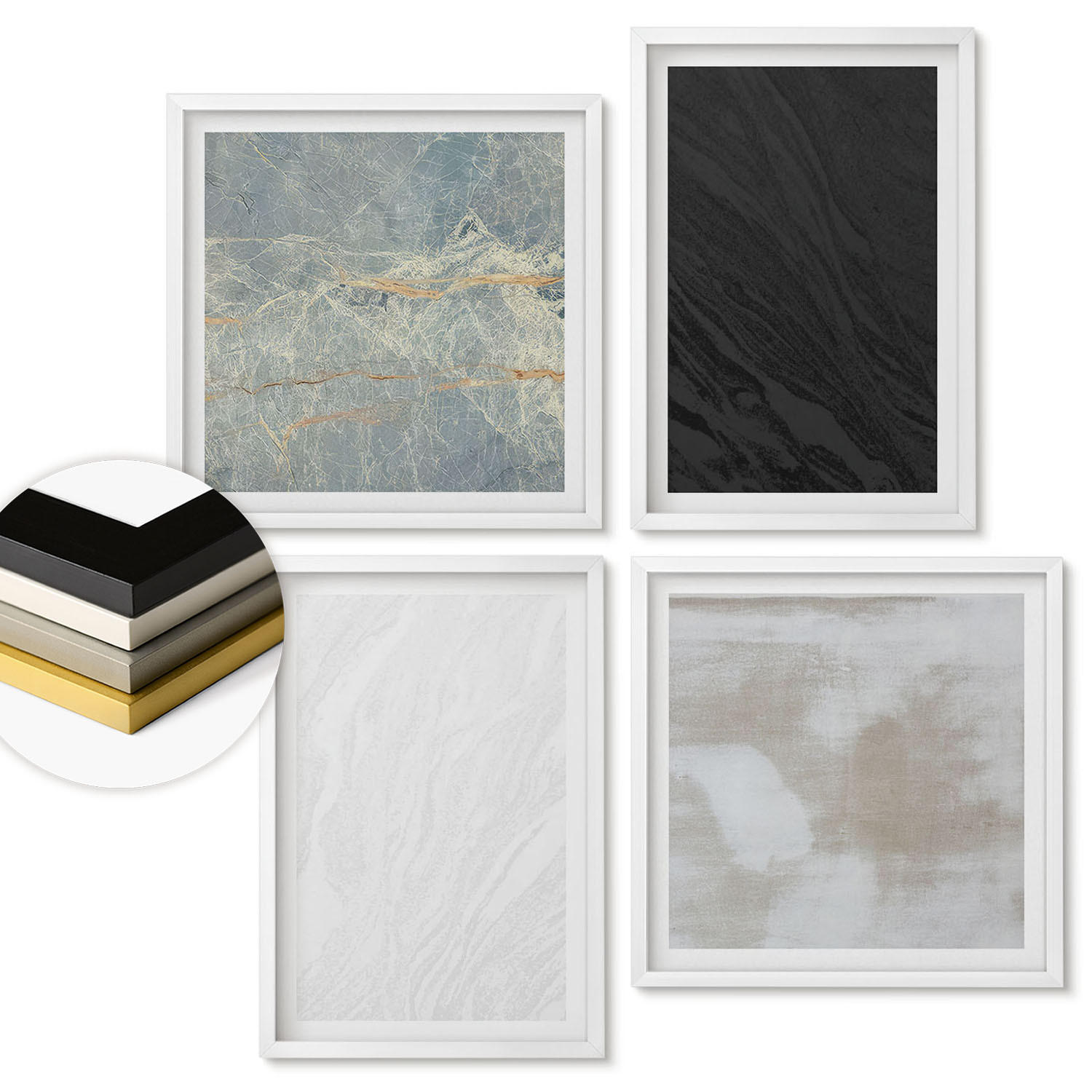 WANDBILDER 4er-Set - 50x50 cm & 40x60 cm Weißer Rahmen - Steintexturen - Weiß, Kunststoff (50/50cm) - ArtPrintCave