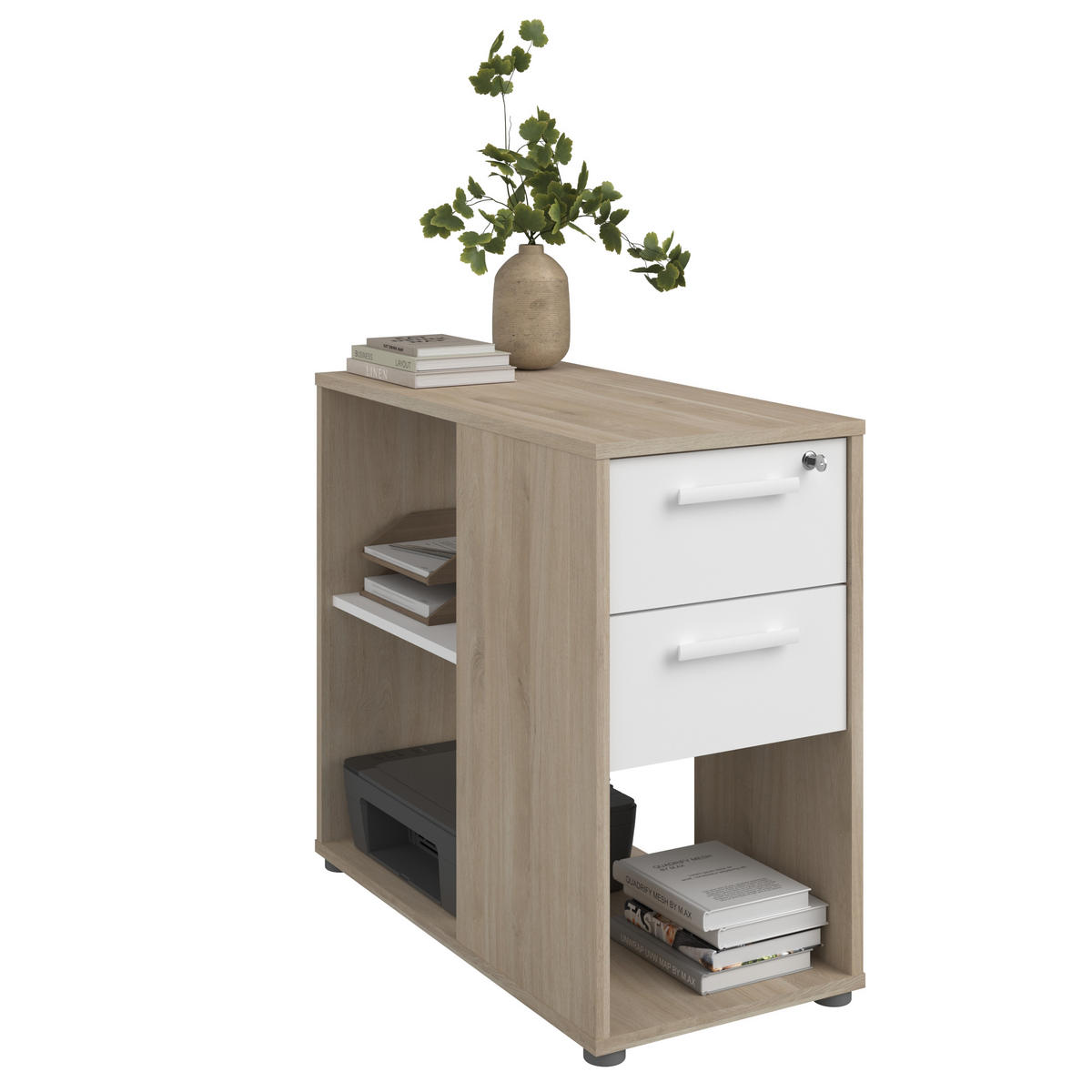 SCHREIBTISCH Büro Start Up 12 in Weiß und Japanischer Eiche – Schreibtisch, Container mit zwei Aktenregalen und Aufsatzregal - Braun, Holzwerkstoff (120/80/200cm)