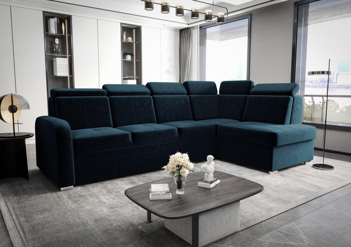ECKSOFA KONGO RBN11, Eckcouch in L-Form mit Schlaffunktion, Farbe: Blau, Velourstoff, Ottomane Rechts - Blau, Textil (304/180cm) - O-Sofa