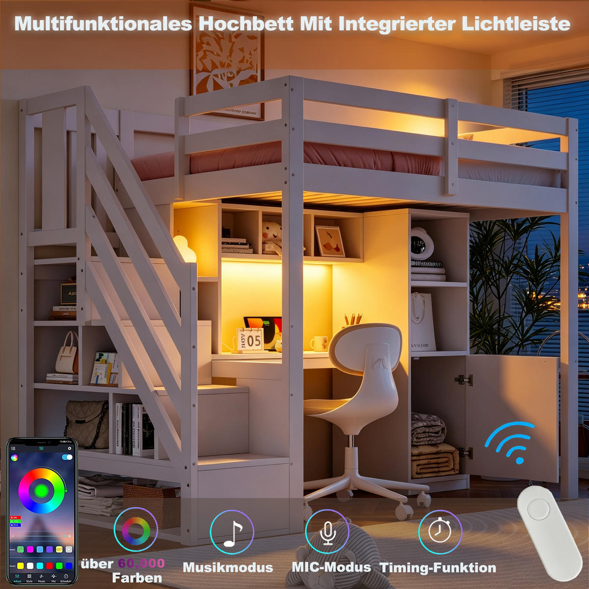 HOCHBETT 90x200cm Holz Schreibtisch LED Stauraum Weiß - Weiß, Holz (90/200cm) - FLIEKS