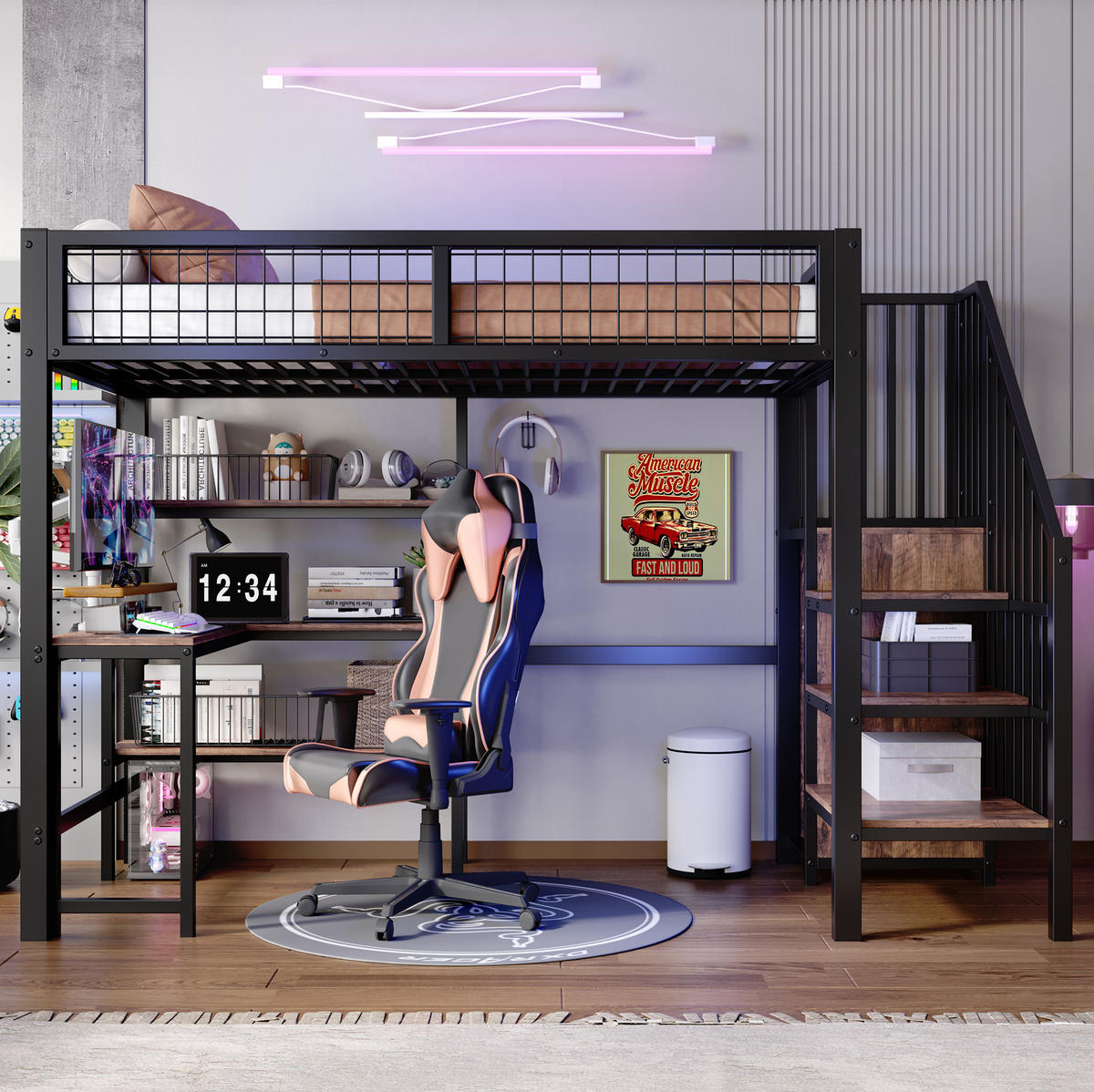 HOCHBETT 90/200 cm aus Metall und MDF mit Schreibtisch, Regalen und Kleiderschrank Schwarz/Braun - Schwarz, Holzwerkstoff (90/200cm) - Modenvie