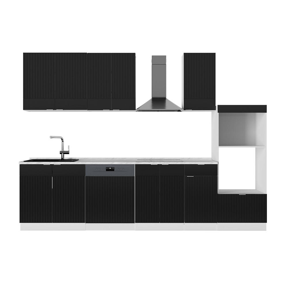 KÜCHENZEILE Fame-Line, Schwarz gestreift/Weiß, 300 cm mit Hochschrank, AP Marmor - Schwarz/Weiß, Holzwerkstoff (300/81.6/60cm) - Vicco