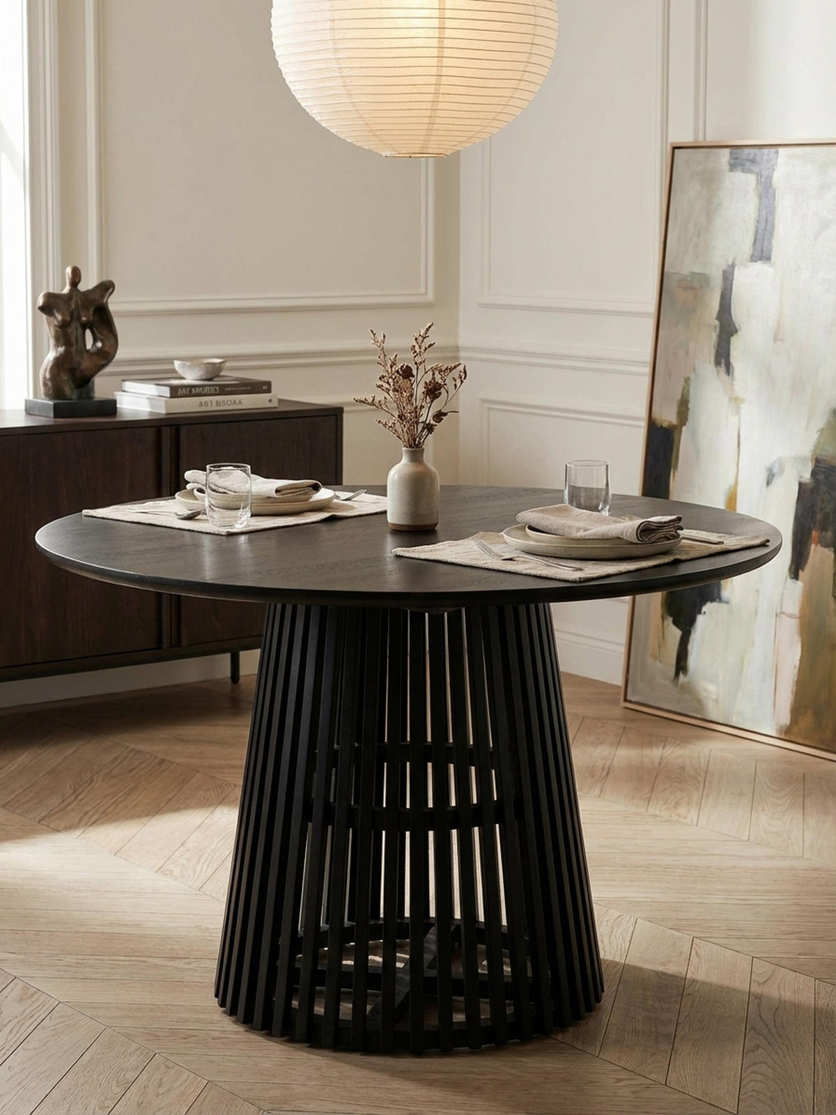 ESSTISCH – Rund Mango Massivholz Lamellengestell Matt-Schwarz handgefertigt - Schwarz, Mangoholz/Holz (120/120/77cm) - KADIMA DESIGN
