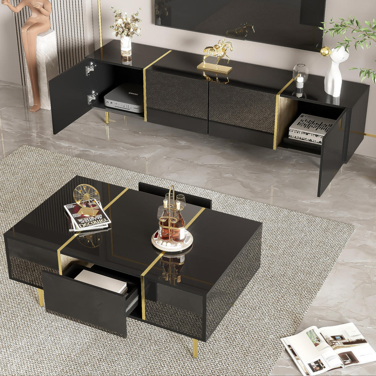 TV-SCHRANK- und Couchtisch-Set 170/35/46 cm & 100/60/41,5 cm mit Stauraum und Soft-Close-Scharnieren, Schwarz - Schwarz, Holzwerkstoff (170/46/35cm) - Redom