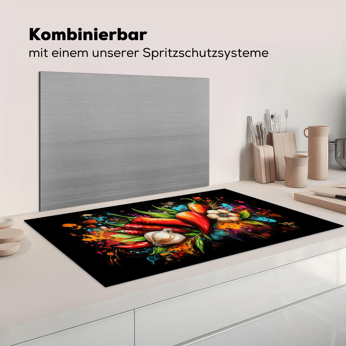 HERDABDECKPLATTE Gemüse - Paprika - Knoblauch - Graffiti - Farbe - Bunt Induktionsschutz 91.6x52.7 cm - Rot, Kunststoff (91.6/52.7/0.2cm) - MuchoWow