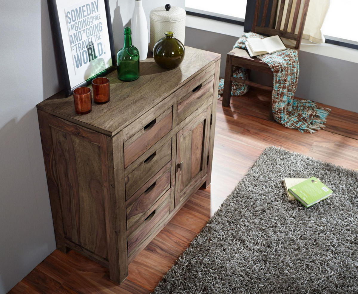 KOMMODE Sheesham 90x42x85 grau geölt NATURE GREY #88 - Grau, Holz (90/85/42cm) - Massivmoebel24