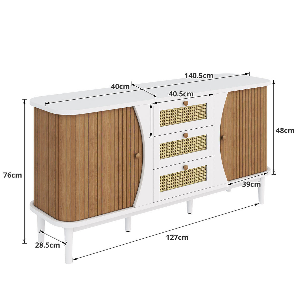 SIDEBOARD 140,5/40/76 cm mit 2 Türen & 3 Rattanschubladen in Weiß/Holzfarbe - Weiß, Holzwerkstoff (140.5/76/40cm) - BEAOK