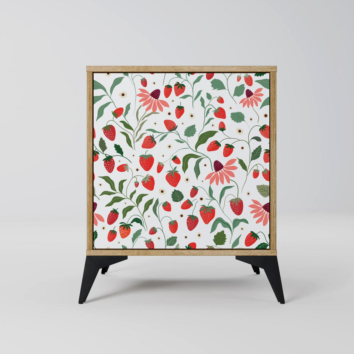 SIDEBOARD FLOWERS AND STRAWBERRIES, Eichefarben, 57,5x42x57,5 cm, Ohne Füße - Eichefarben/Multicolor, Holzwerkstoff (57.5/57.5/42cm) - SpaceRebels