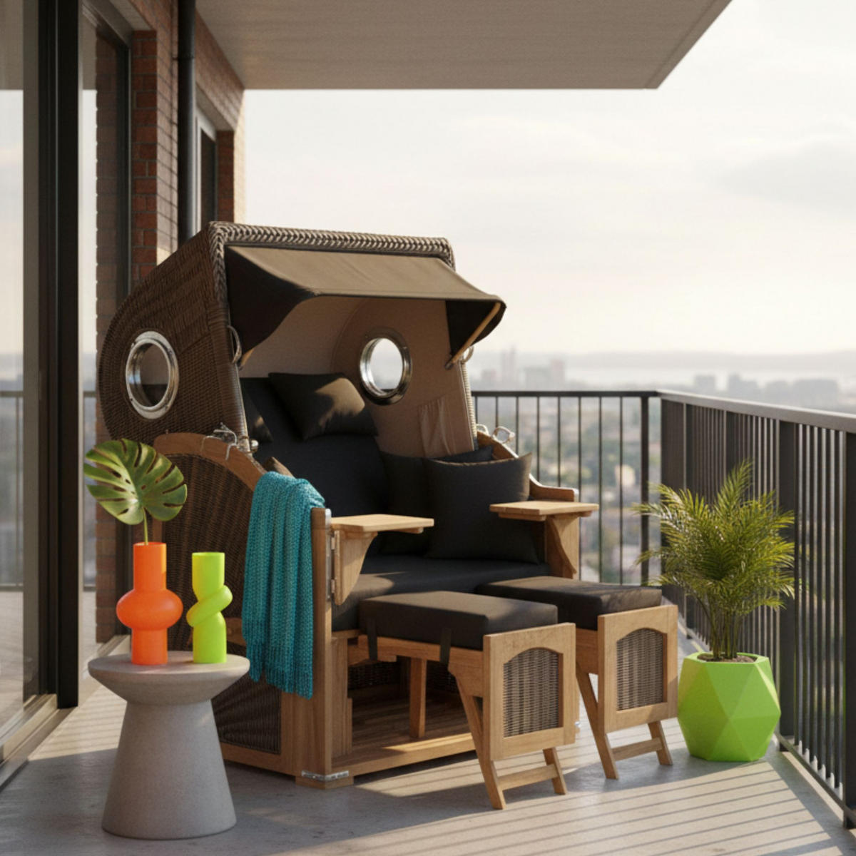 STRANDKORB Düne 2 Sitzer Teak PE Grey - Schwarz/Braun, Holz/Metall (125/170/80cm) - Mr. Deko