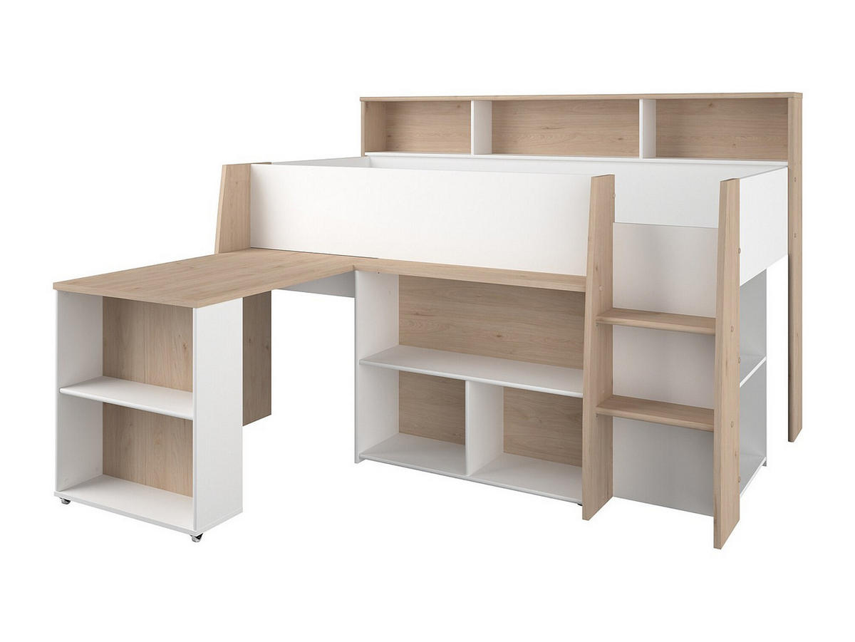 HOCHBETT Lucas 2 in Japanische Eiche - Weiß 90 x 200 cm - Eichefarben/Weiß, Holz (90/200cm) - Parisot Meuble