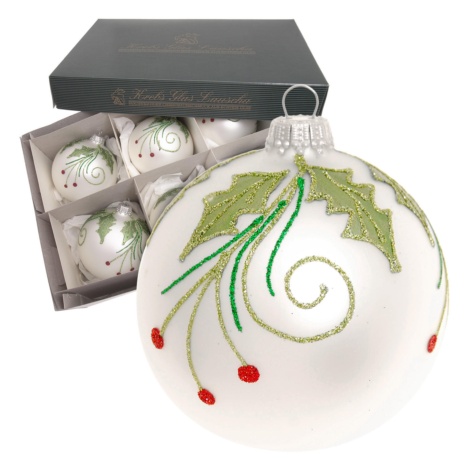 CHRISTBAUMKUGELN Ilex und Beeren Silberfarbig 8cm (Glas / 6 Stk.) - Silberfarben, Glas (8/8/8cm) - Krebs Glas Lauscha