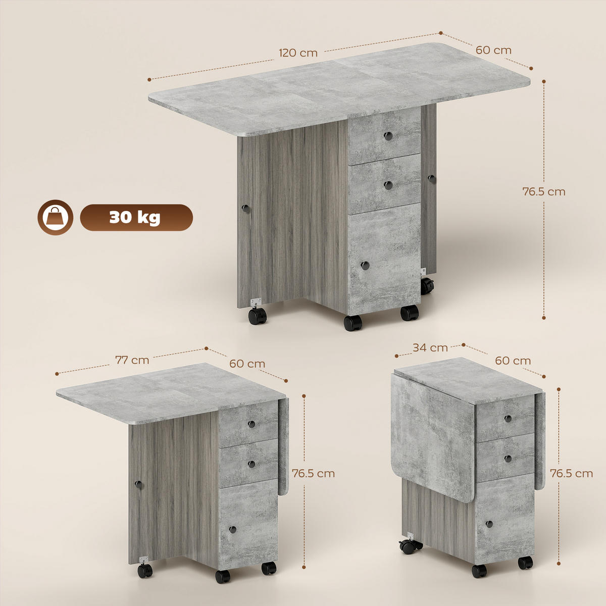 ESSTISCH Grau 1 Stück - Grau, Kunststoff (120/60/76.5cm) - GiPP