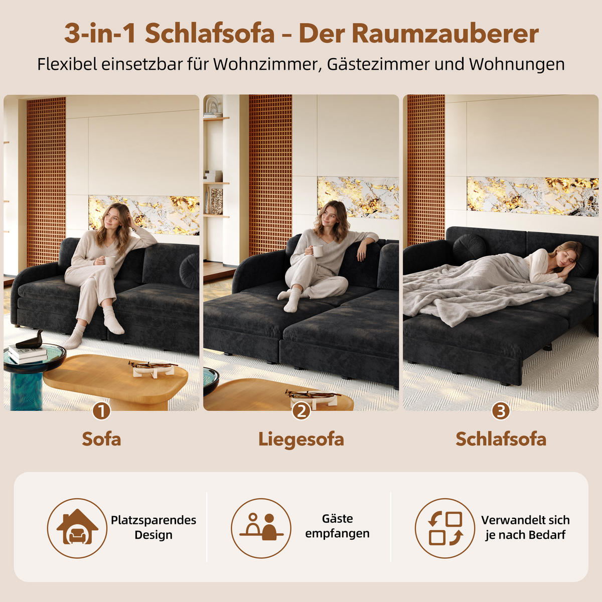 SCHLAFSOFA 3-in-1 ausziehbar 206 cm mit Stautaschen, DE-42862, Schwarz - Schwarz, Metall (206/90/84cm) - ComfortXL