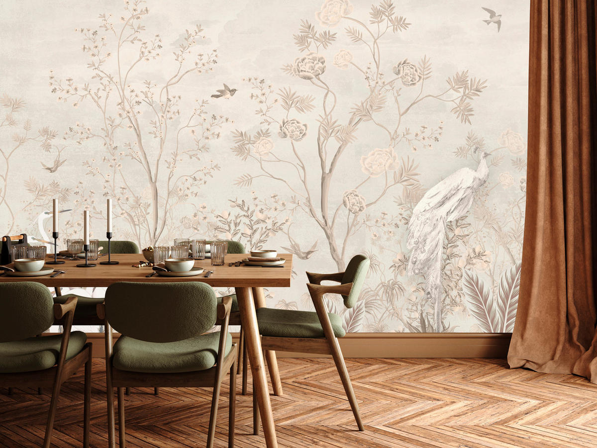 FOTOTAPETE für Esszimmer Weiße Vögel Bäumen Natur Kräne Blumen 450x315 - Beige, Papier (450/315cm) - Muralo