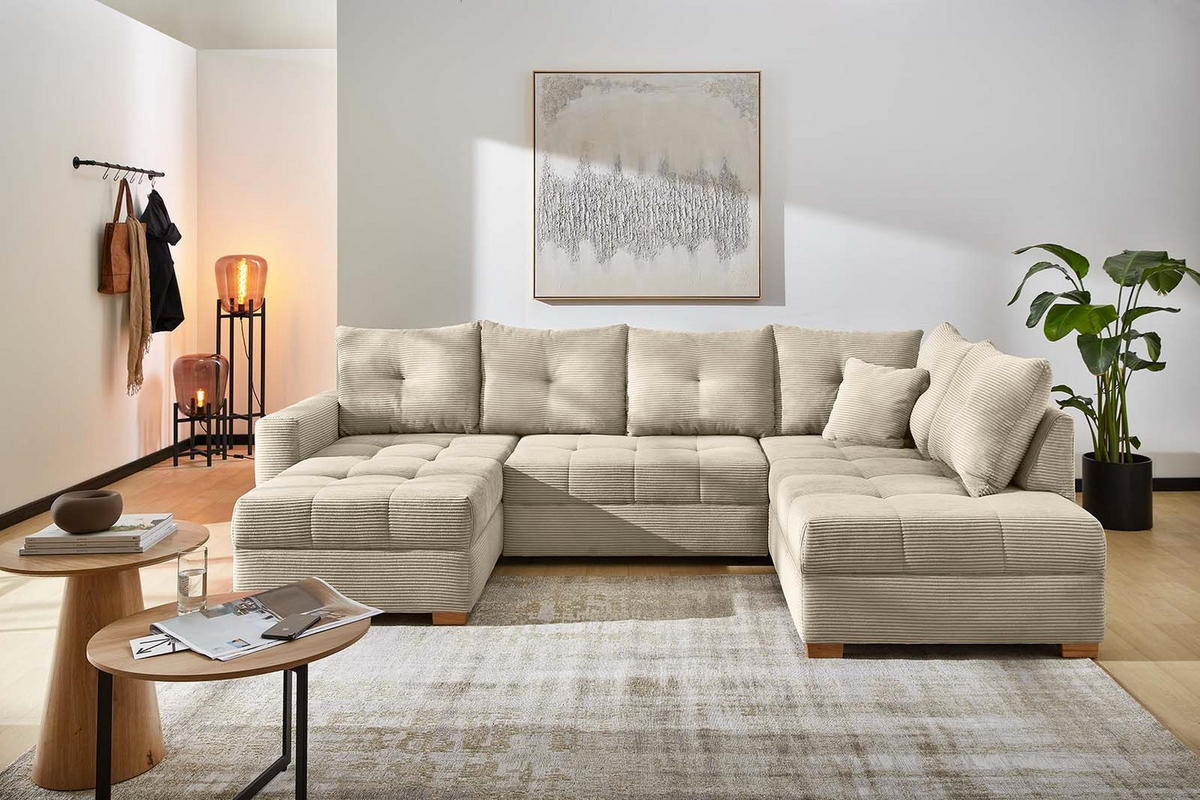 WOHNLANDSCHAFT mit Schlaffunktion und Bettkasten, spiegelverkehrt montierbar U-Form B313/T200/H92 cm, Cord Beige Grau / 15218 - Greige/Eichefarben, Holz/Textil (313/92/200cm) - luma-home